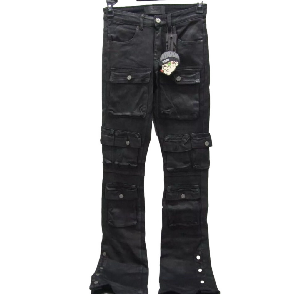 NEW TULONES Mens Coated Cargo Jeans Size 29 x 36 Black